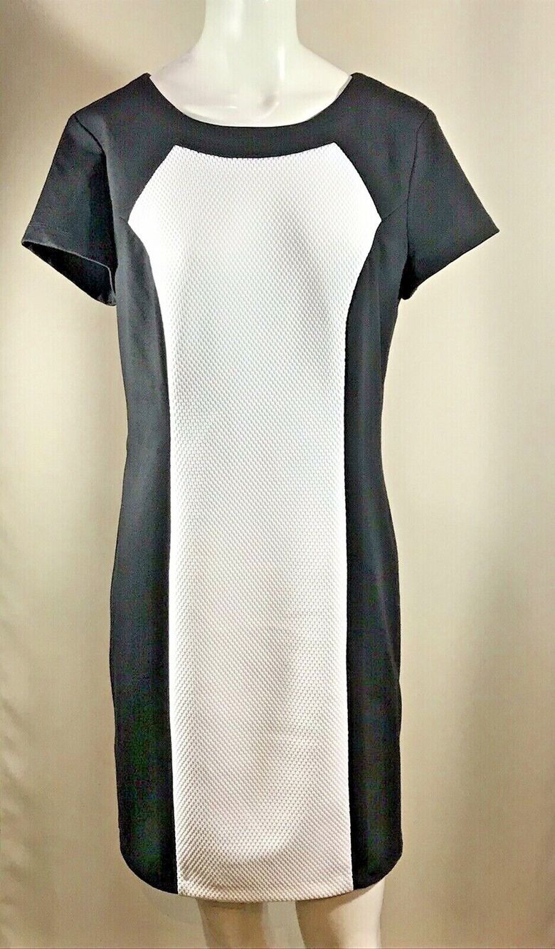 AB Studio Women's Black White Pencil Dress Size 10 Stretch Colorblock Textured